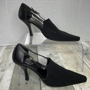 Donald J Pliner black fabric and leather heels. 3” heels with adjustable strap.‎